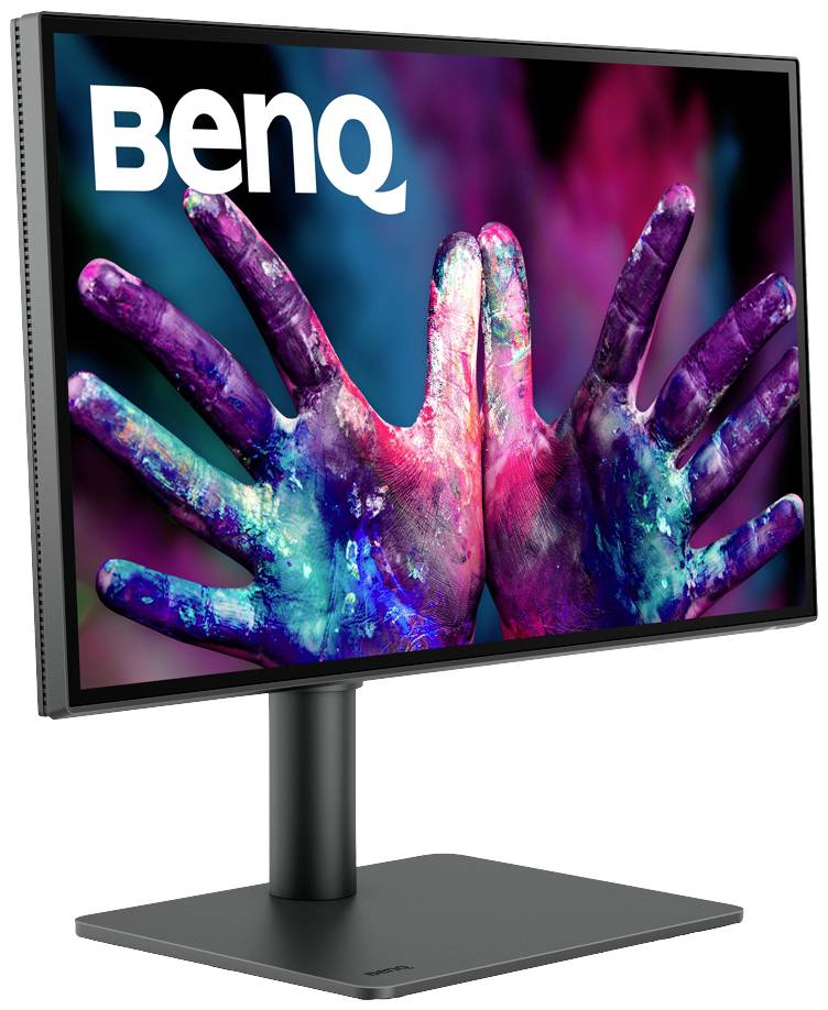 En skärm med lysande display visar färgglada händer täckta av färg. Uppe till vänster finns logotypen 'BenQ'.