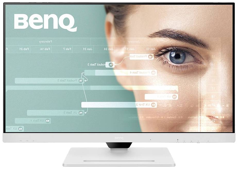 En skärm med ett halvgenomskinligt gränssnitt visar en kvinnas ansikte med fokus på hennes öga. Uppe till vänster finns logotypen 'BenQ'.