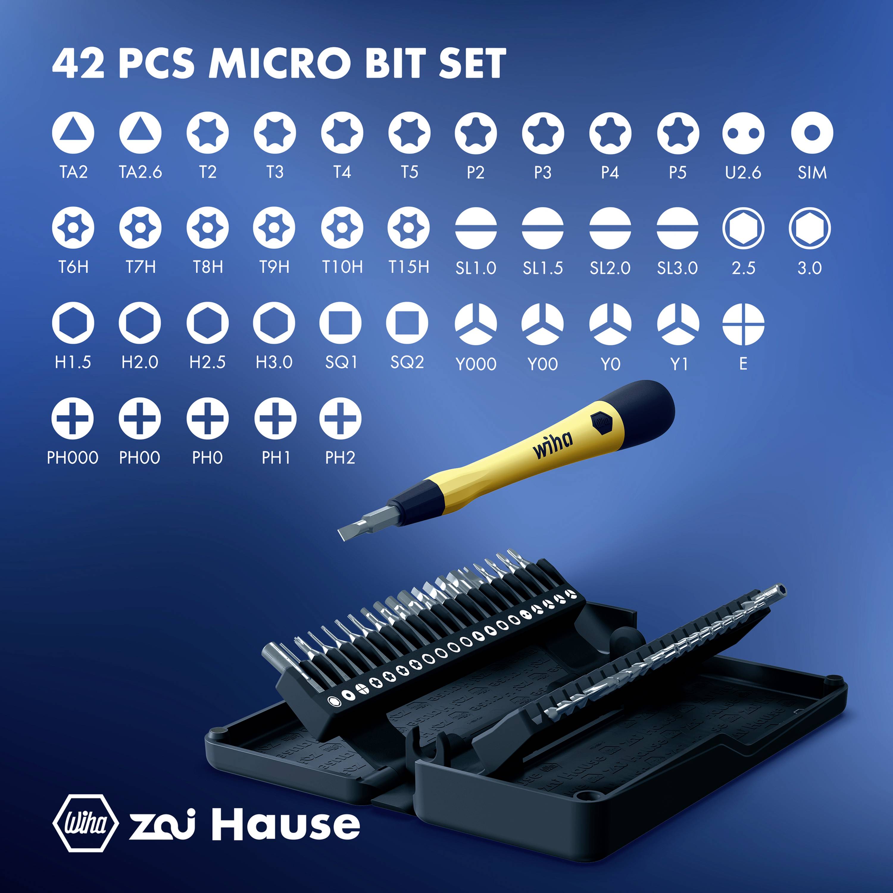 42-delars Micro Bit-set på blå bakgrund. Skruvmejsel med gult handtag, bitset med olika storlekar och former.