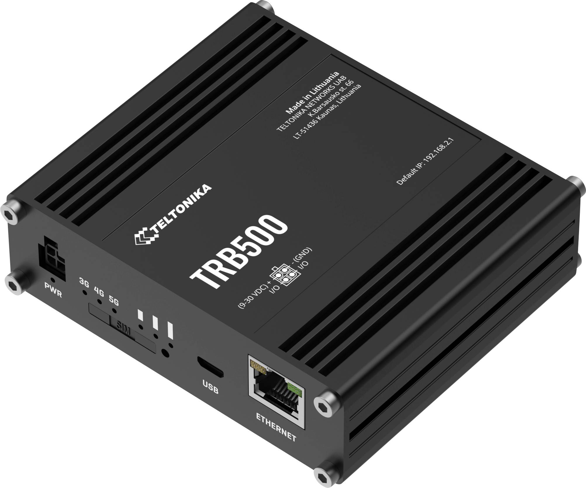 Teltonika TRB500 industriell 5G-router/modem i svart metallkapsling med Ethernet-, USB-, ström- och statusindikatoranslutningar.