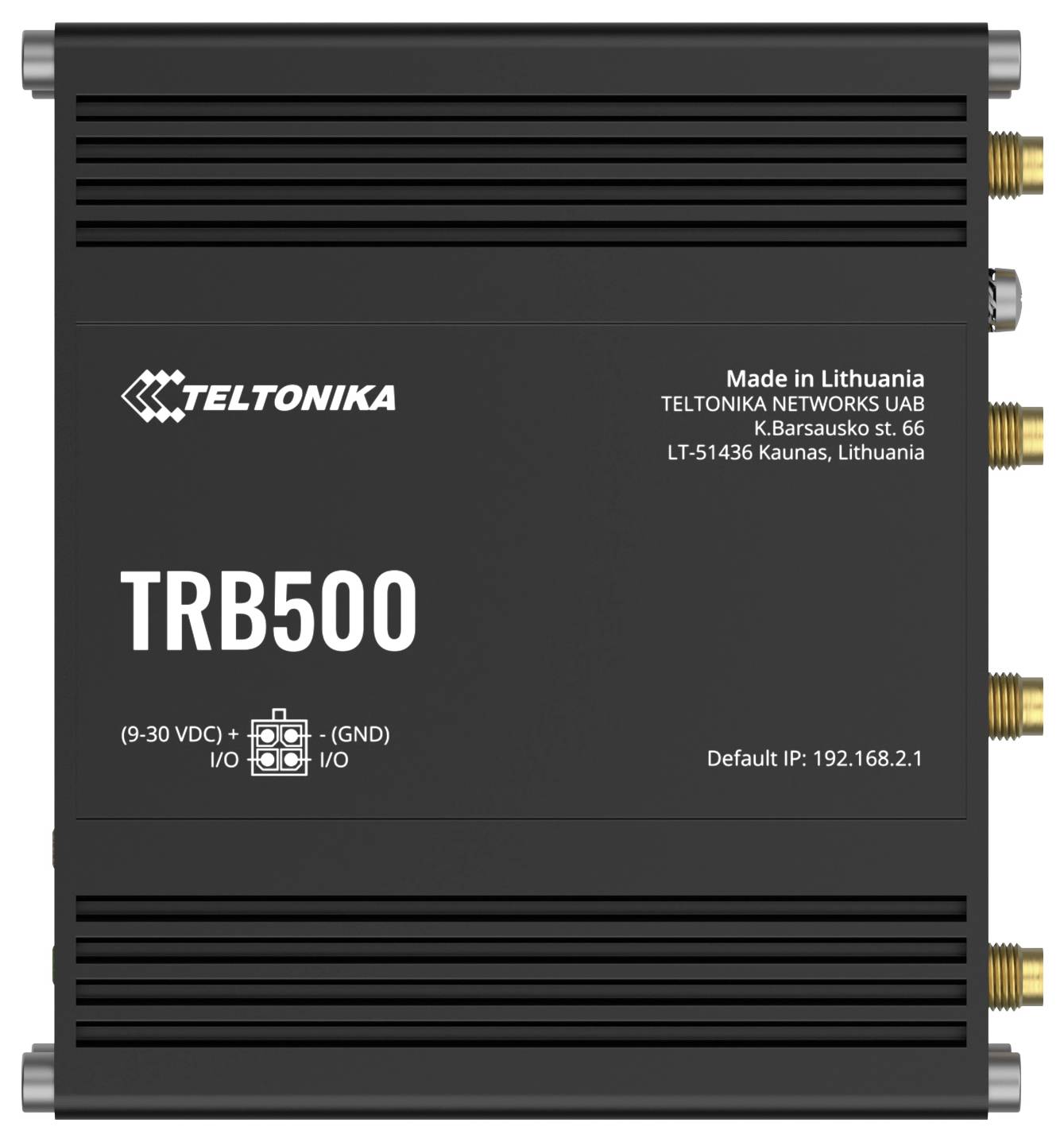 Silvergrå Teltonika TRB500 gateway-enhet med olika anslutningar, Ethernet-port och CE-märkning, för industriell IoT-nätverksanslutning.