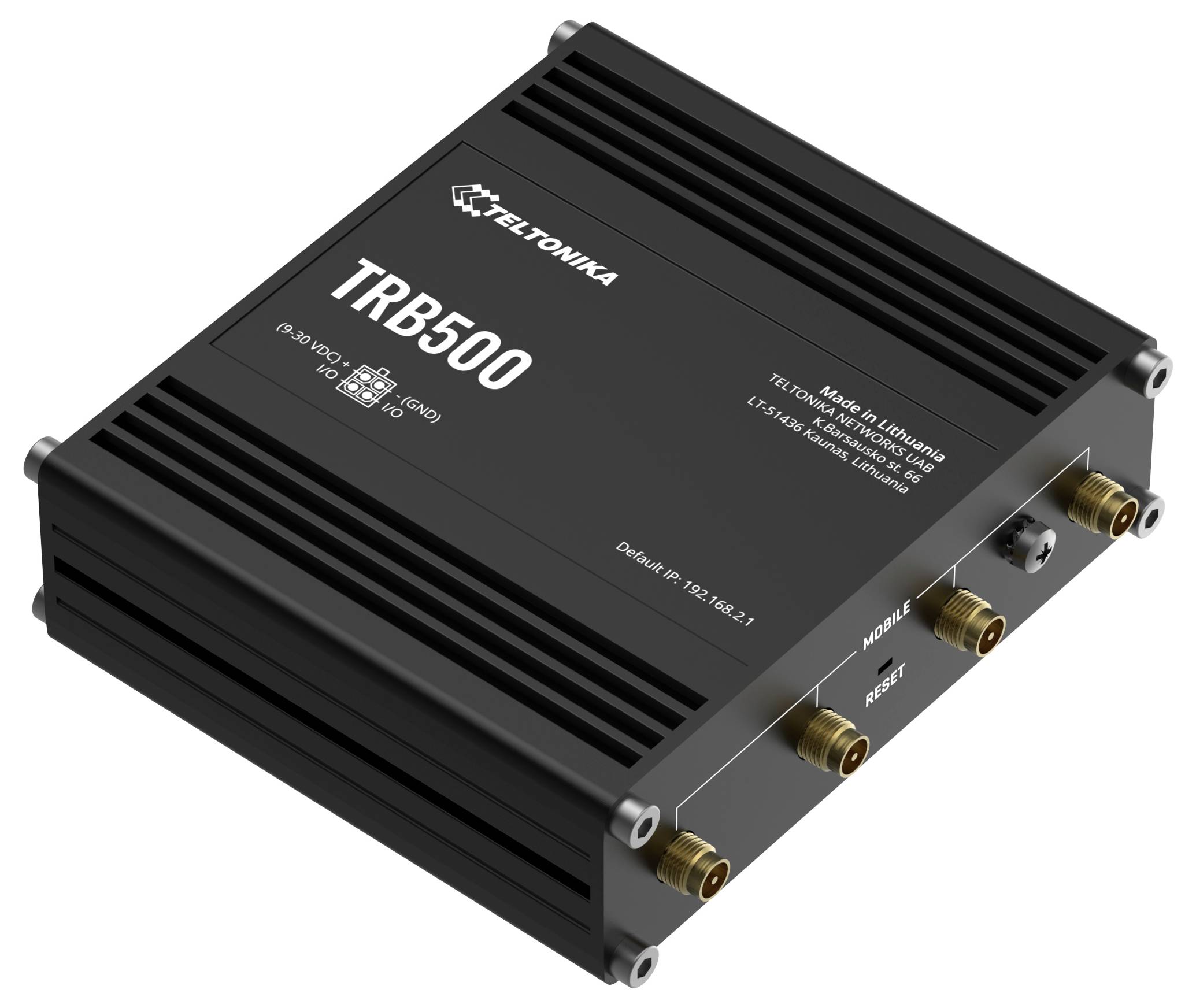 En silvergrå router märkt 'Teltonika Networks TRB500', med CE- och UKCA-certifikat, tillverkningsland: Litauen.