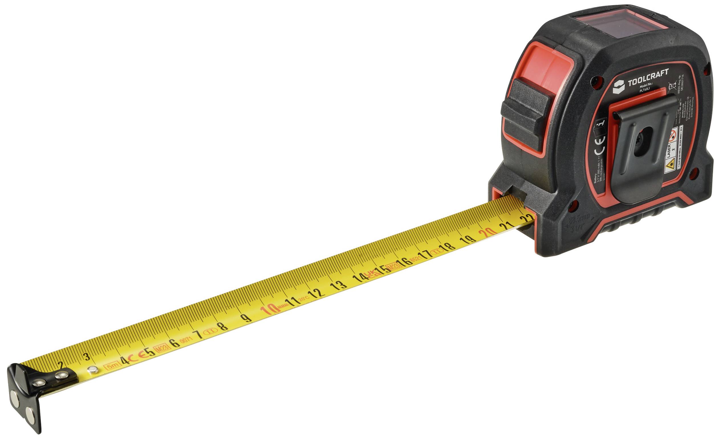 'Måttband i svart med röd accent och gult band, utdraget och visande en längd upp till 16 cm.'