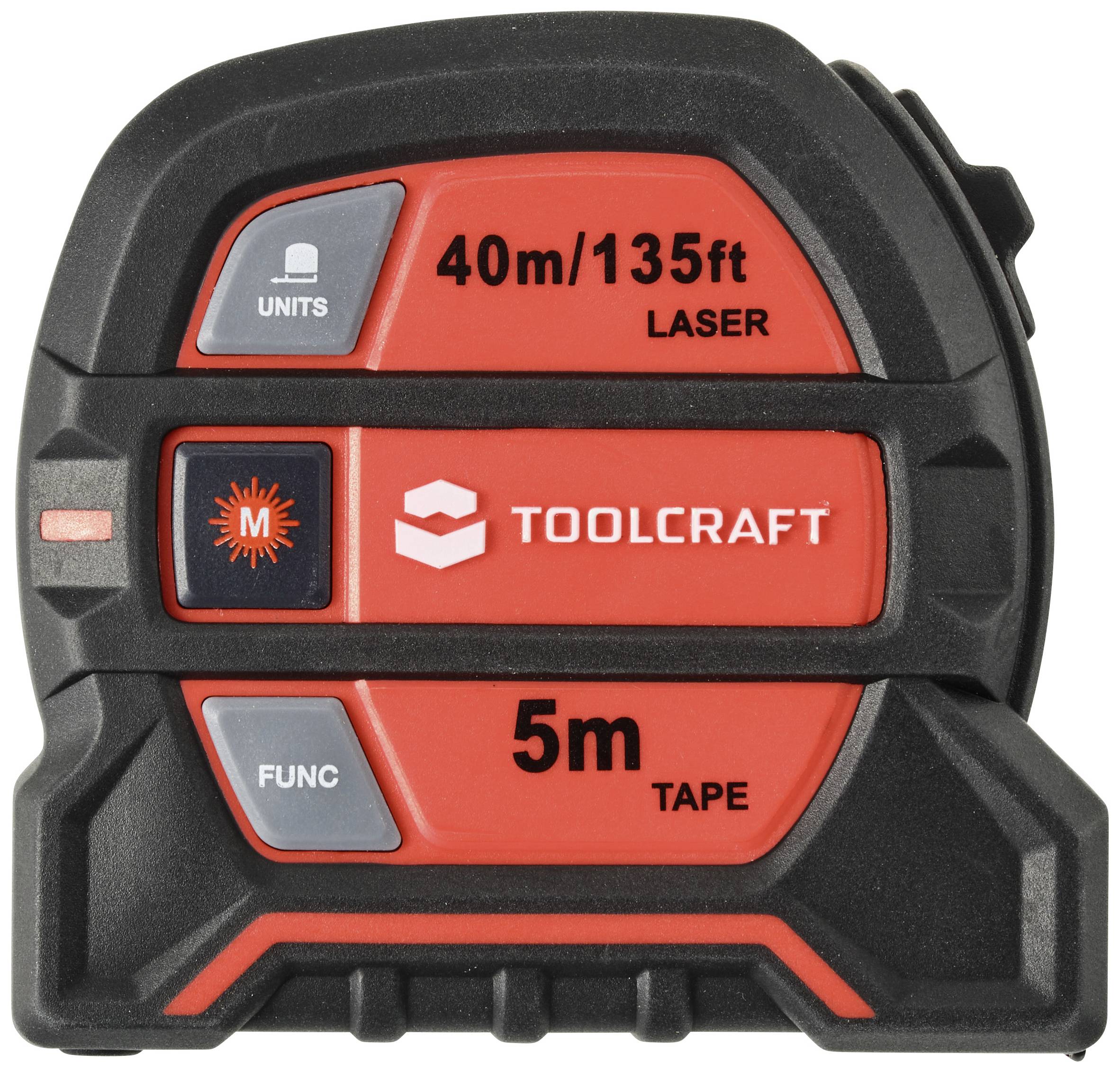 Lasermätare och måttband kombinerade, visar måttenheter i meter och fot, varumärket 'TOOLCRAFT' synligt.