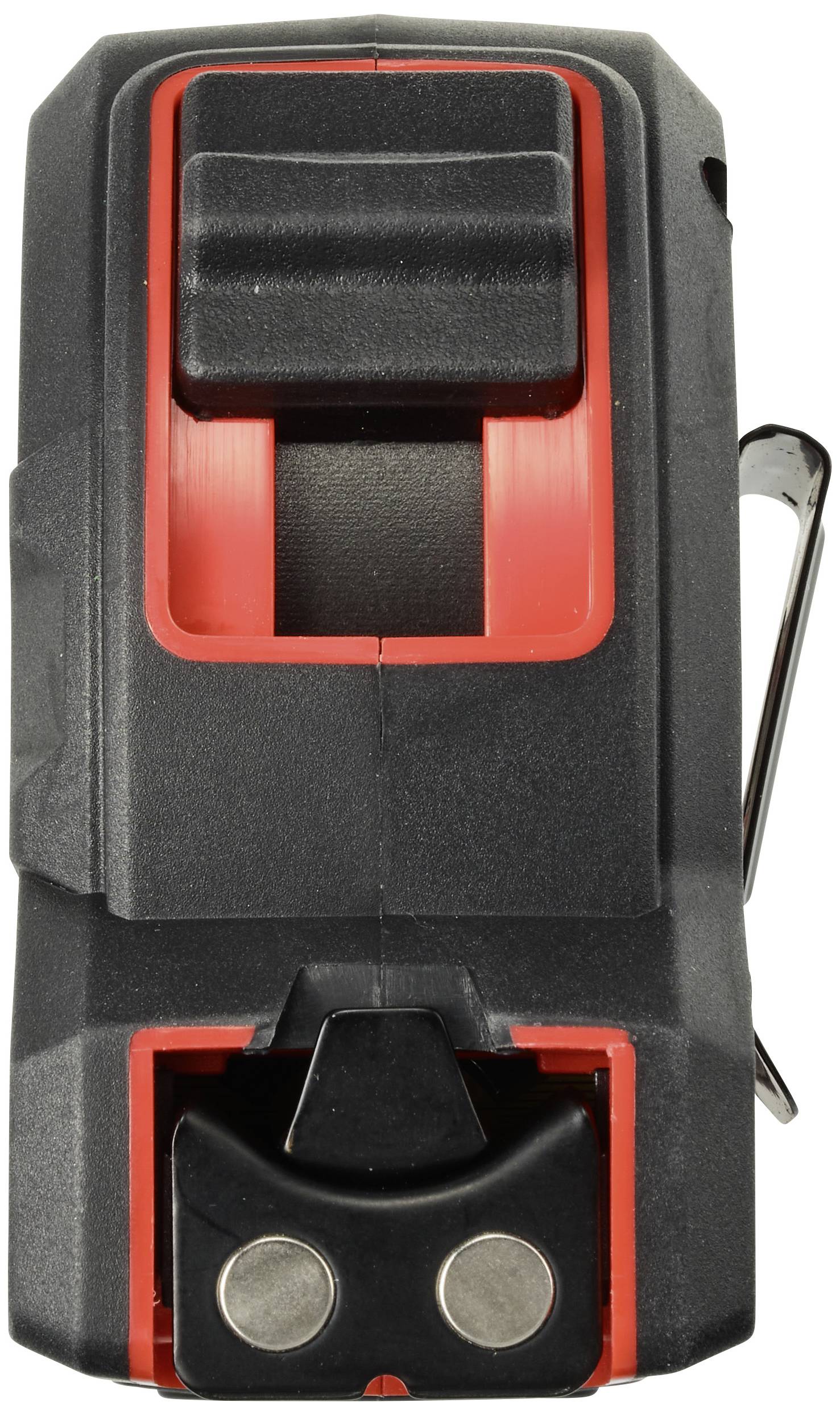 Svart och röd lasermätare sedd ovanifrån, med två magneter nedtill och clips på sidan.