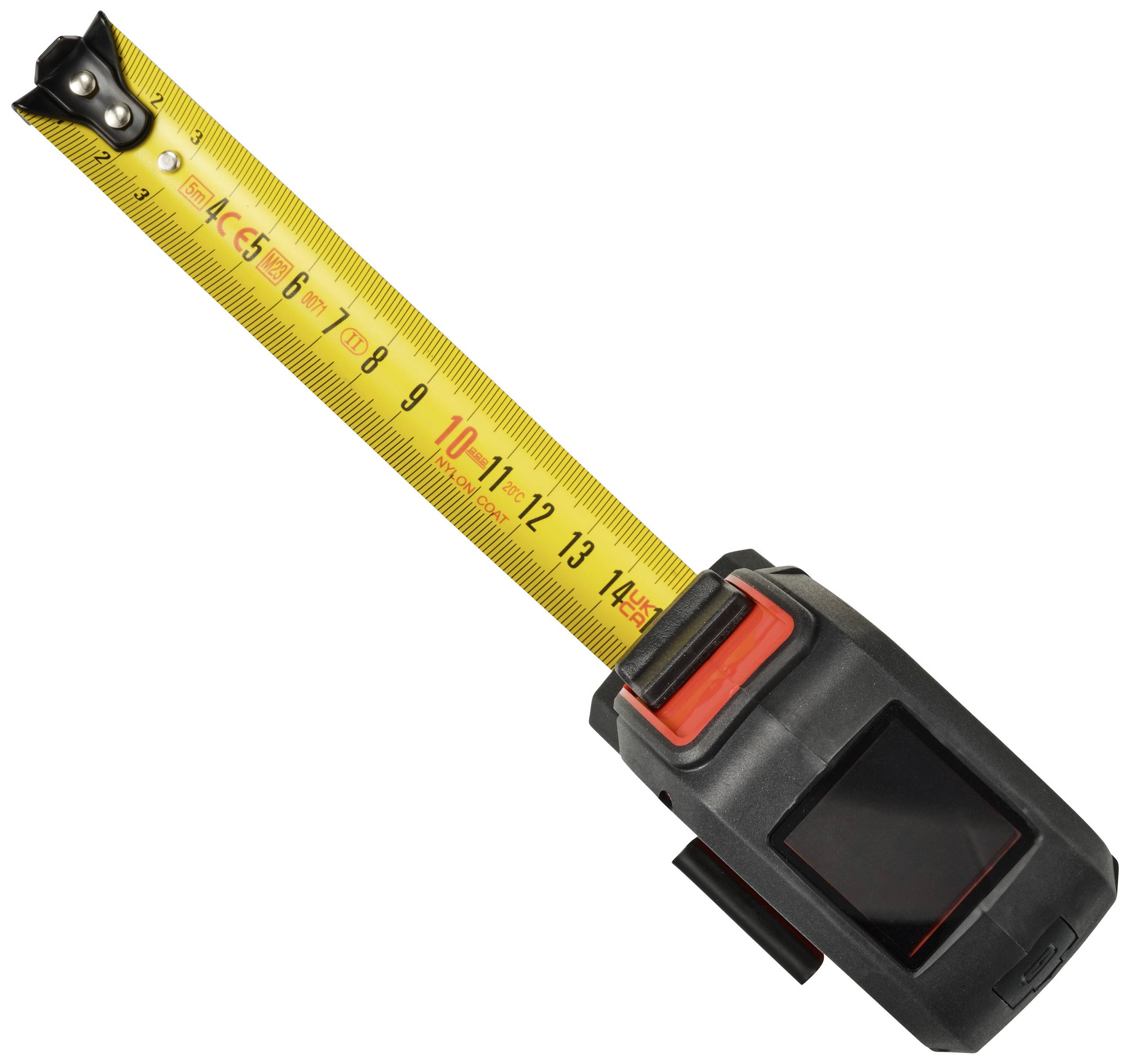 Ett gult måttband med svart hölje, upprullat till 10 cm.