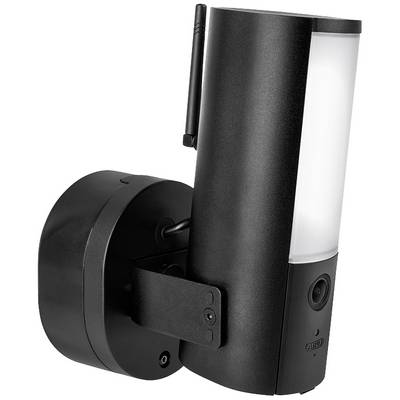 Svart övervakningskamera med LED-ljus och antenn. Väggmonterad med runt hölje. Perfekt för utomhusövervakning och säkerhet.