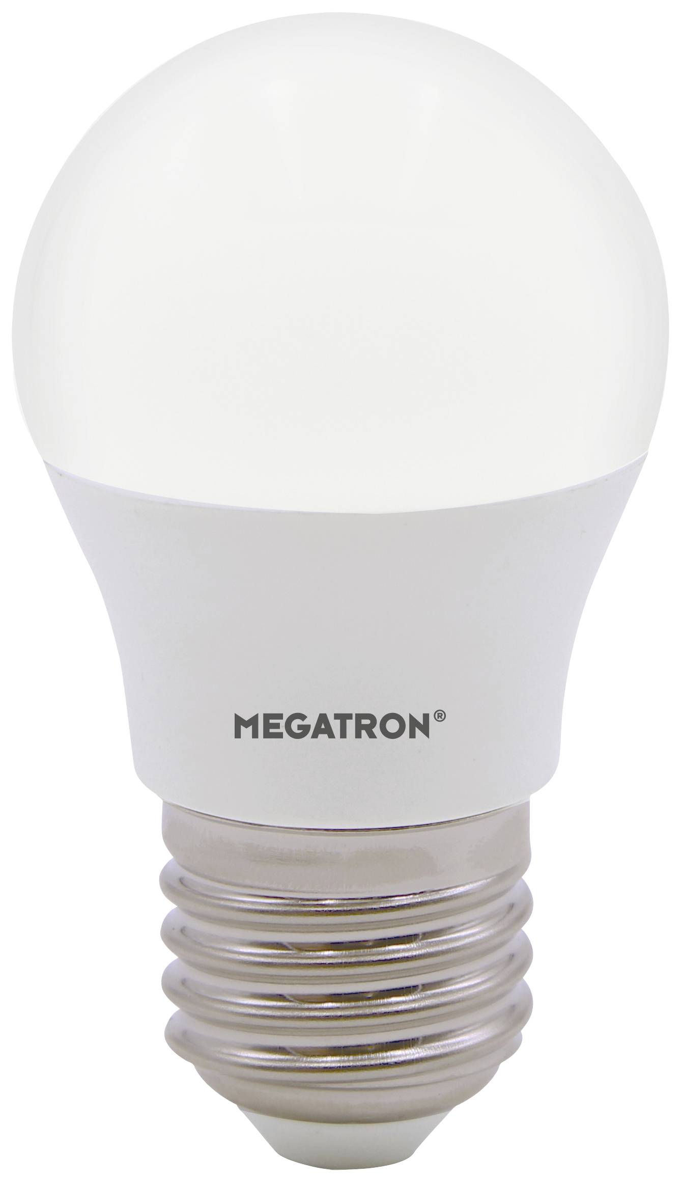 En vit LED-glödlampa med texten 'MEGATRON', E27-sockel, för energieffektiv belysning.