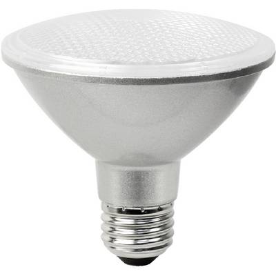 En silverfärgad LED-spotlampa med gängad sockel, stående upprätt, lämplig för riktad belysning inomhus.