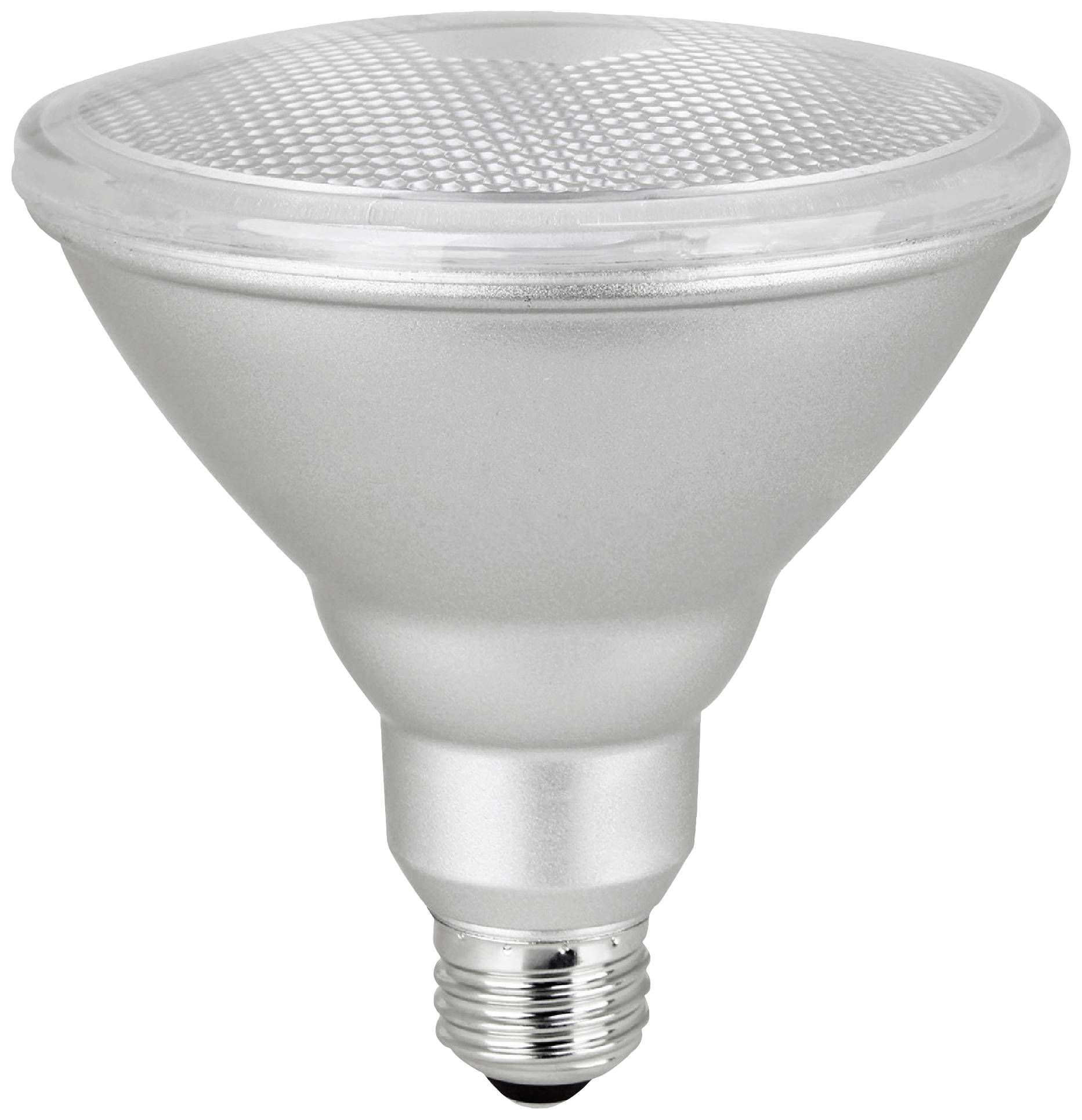 En LED-glödlampa i klassisk PAR-form med E27-sockel, silverfärgad fatning och klar täckning, lämplig för inomhusbelysning.