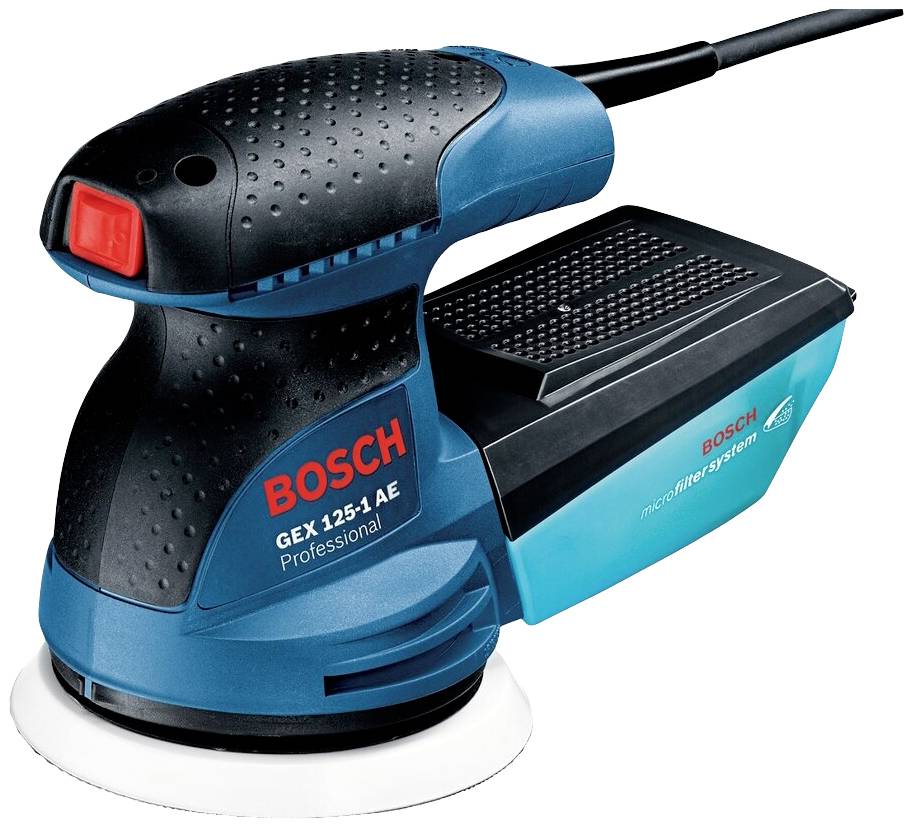 Elektrisk excenterslip i blått och svart med rött Bosch-logo och dammuppsamlare. Använd för trä- och ytbehandling.