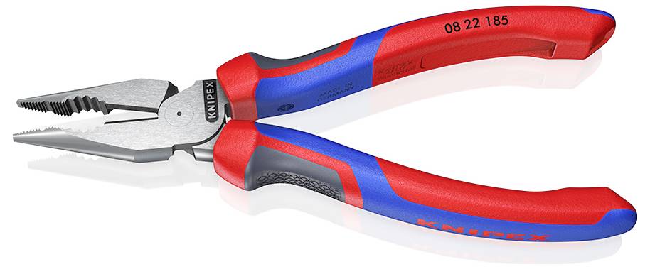 En röd och blå kombinationstång med inskriften 'Knipex', lämplig för att greppa och klippa tråd och kablar.