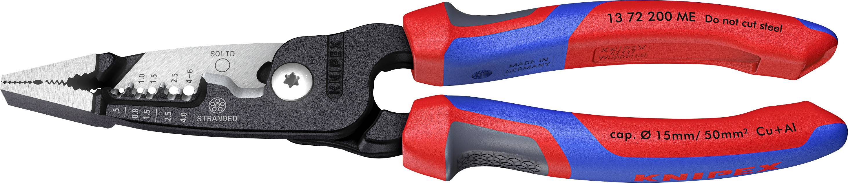 Ett par Knipex-tänger med röda och blå handtag, utrustad med elektriska trådskärnings- och aviseringsavsnitt, märkta med storlek och materialdetaljer.
