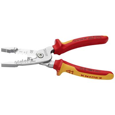 Knipex kombinationstång, röd-gul isolerad, lämplig för arbeten upp till 1000V, för klippning av kablar och gripa tag med halksäkert grepp.