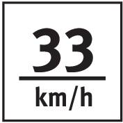 33 km/h på svart bakgrund, symboliserar en hastighetsgräns eller aktuell hastighet.