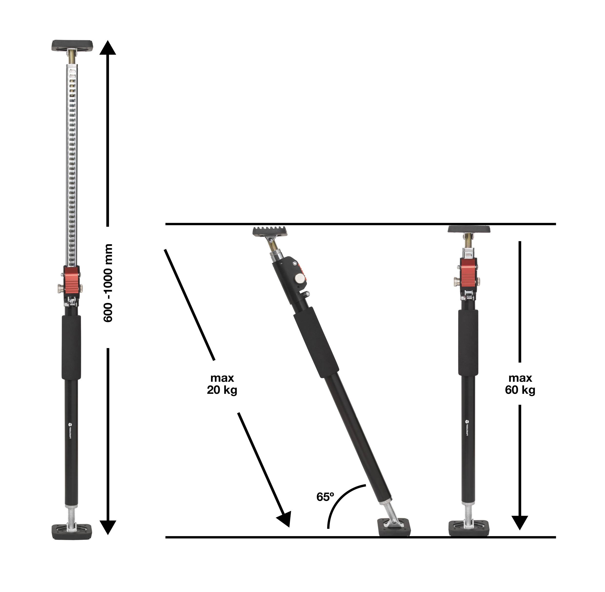 Teleskopstång, justerbar från 660 till 1100 mm. Bärförmåga: upp till 20 kg vid 65° lutning, upp till 60 kg i vertikal position.