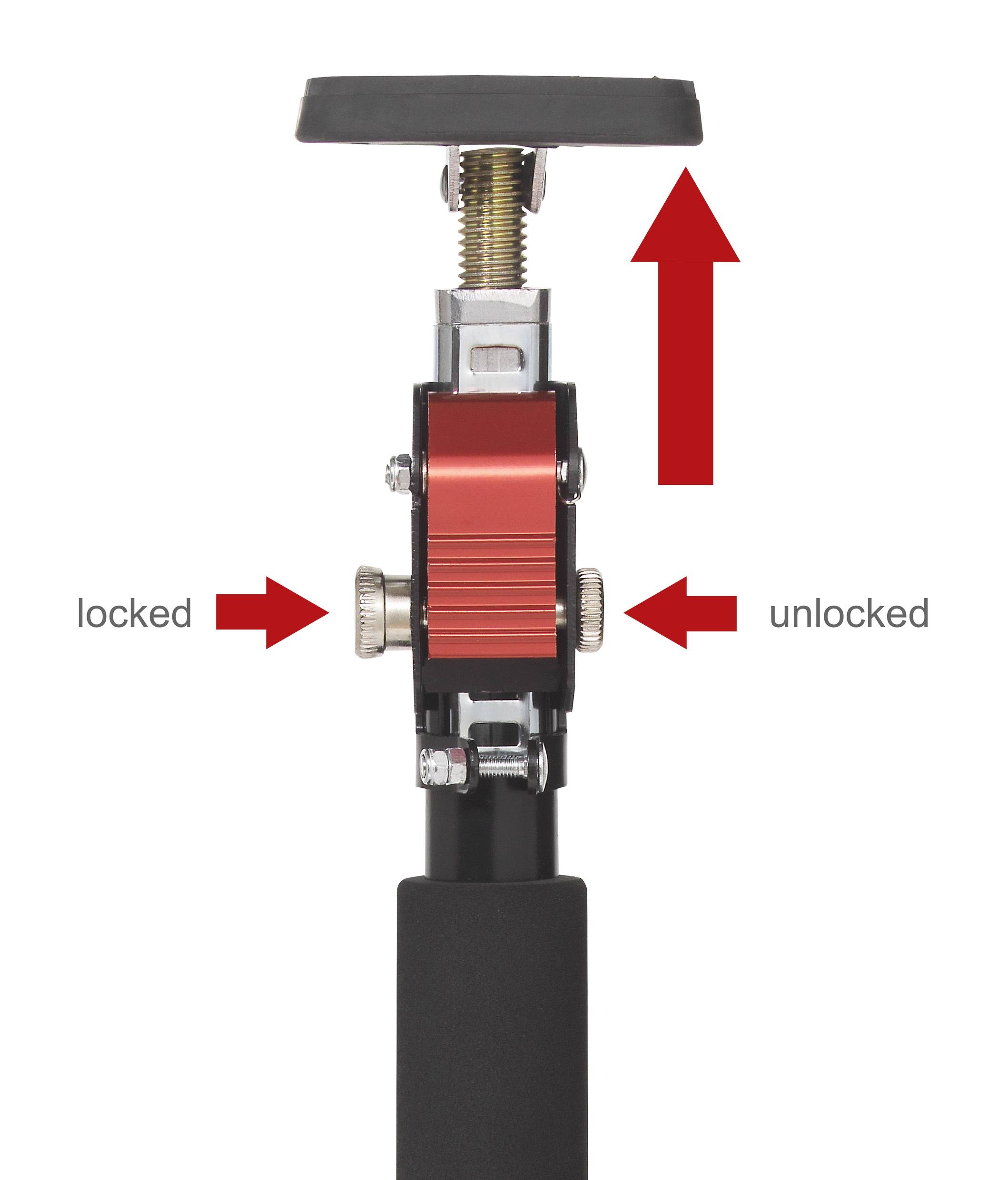 Teleskopstång med låsmekanism. Röda pilar visar låsning ('locked') och upplåsning ('unlocked'). Övre plattan visar höjdinställning.