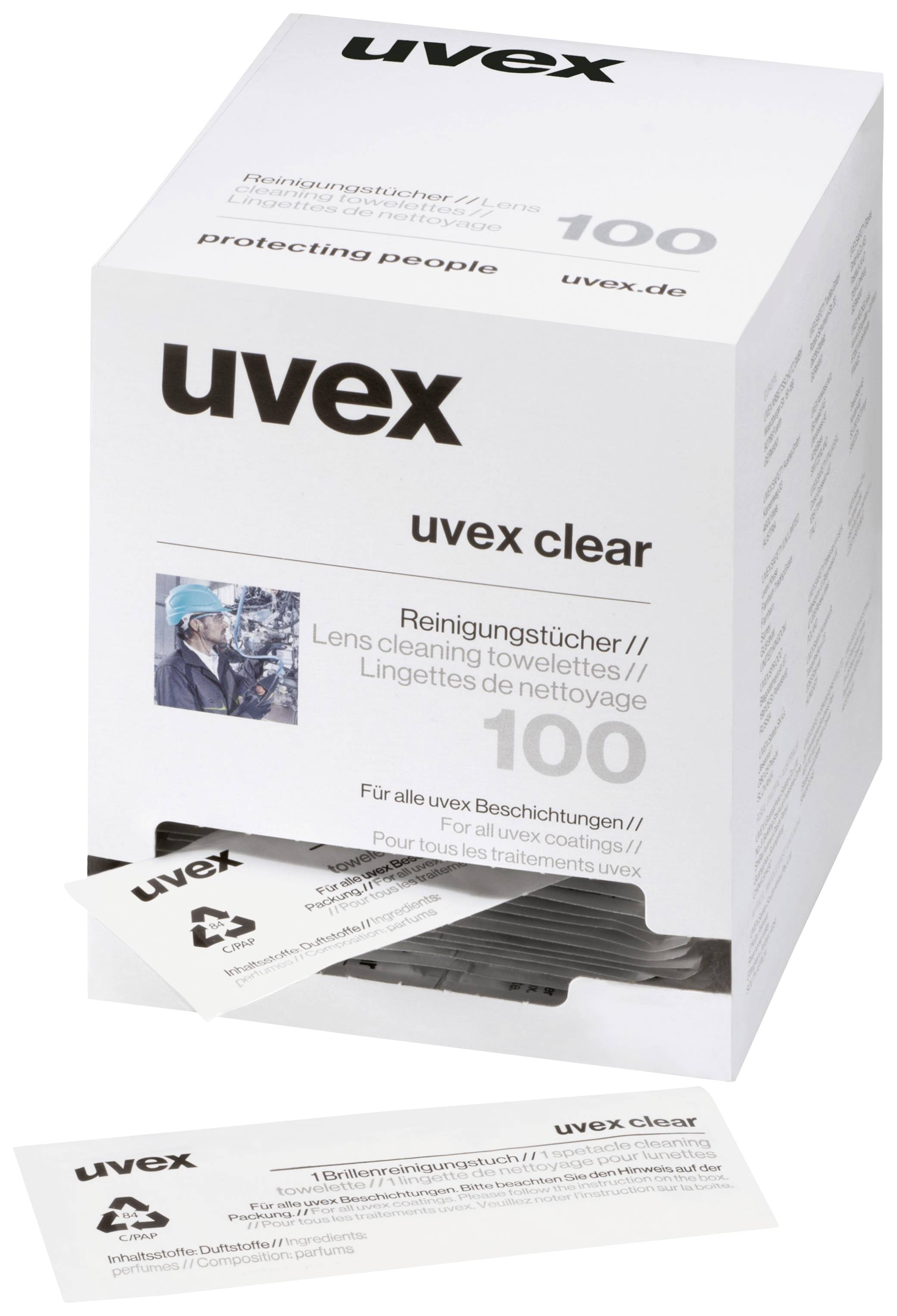 Låda med 'uvex clear' glasögonrengöringsdukar, 100 stycken. Förpackningen visar en arbetare med skyddsglasögon.