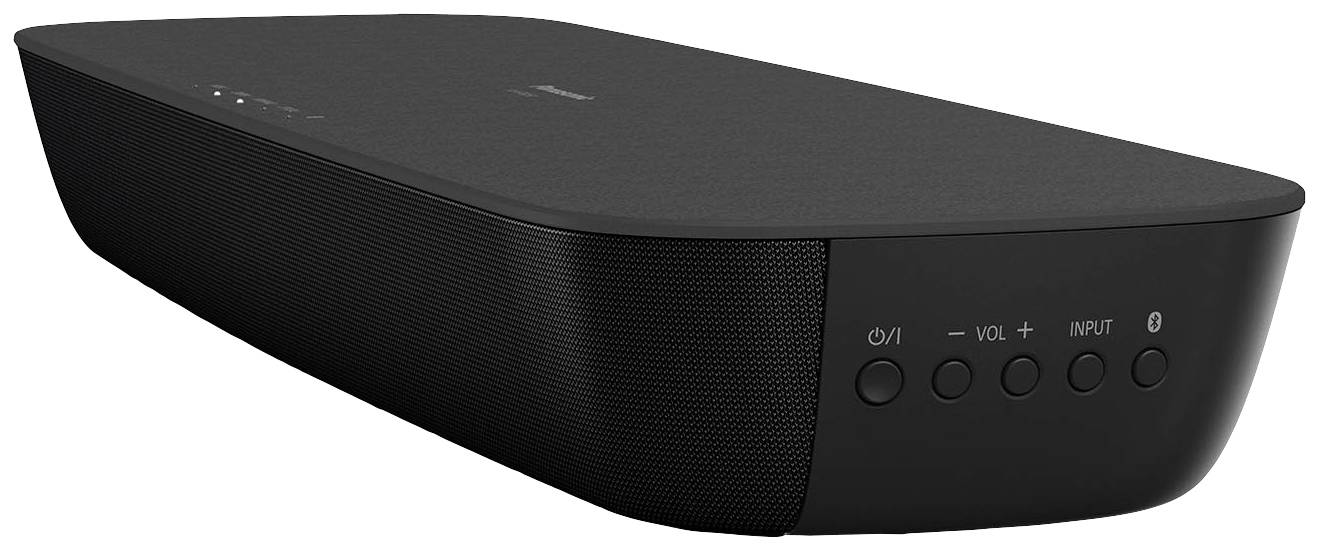 Svart soundbar med knappar för På/Av, volym och ingång. Modernt design, lämplig för hemmabio eller musiknjutning.