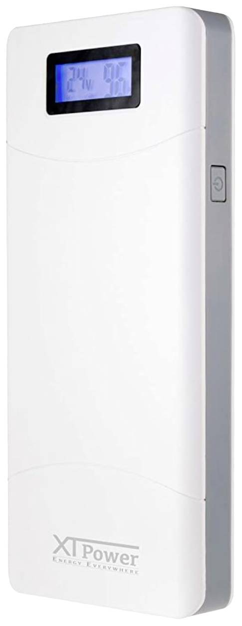 Vit powerbank med inbyggd display som visar '24%' batterinivå. Märke: XTPower.