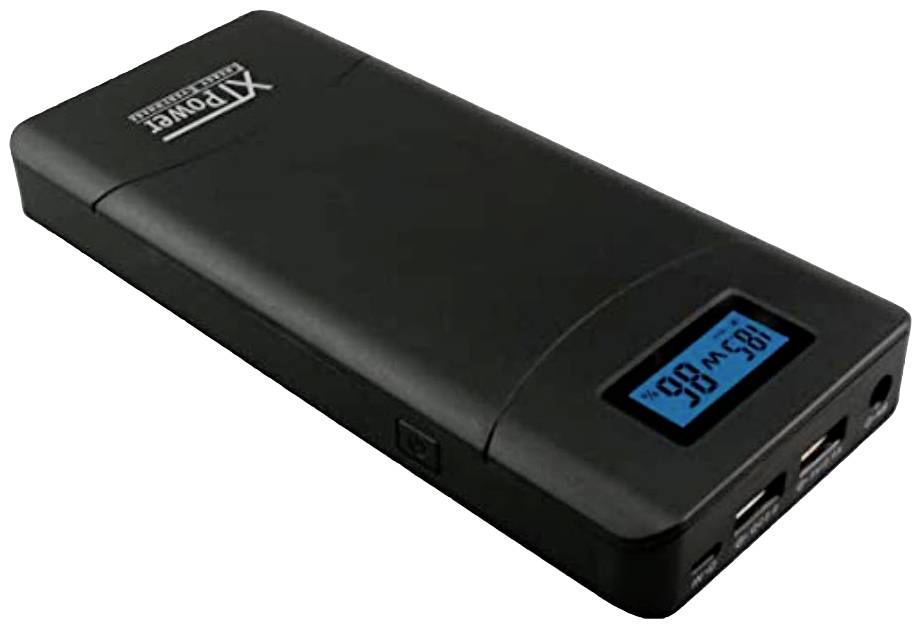 Svart powerbank med display som visar '185 W, 88% laddning'. Två USB-portar till höger, smal rektangulär design.