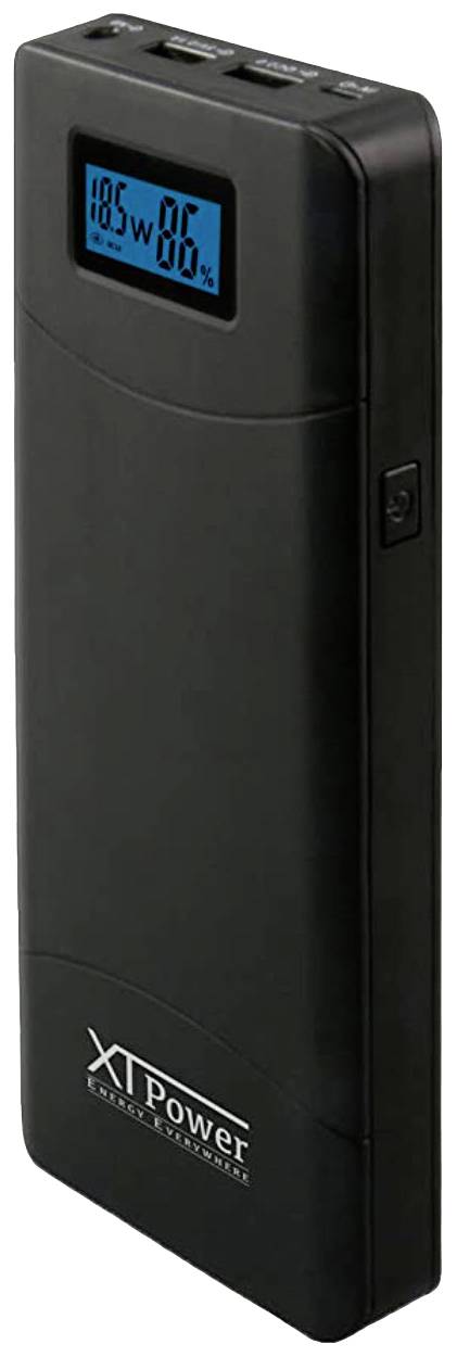 Bärbar powerbank i svart med LCD-display som visar '185W 86%'. Märke 'XTPower'. Innehåller tre USB-portar.