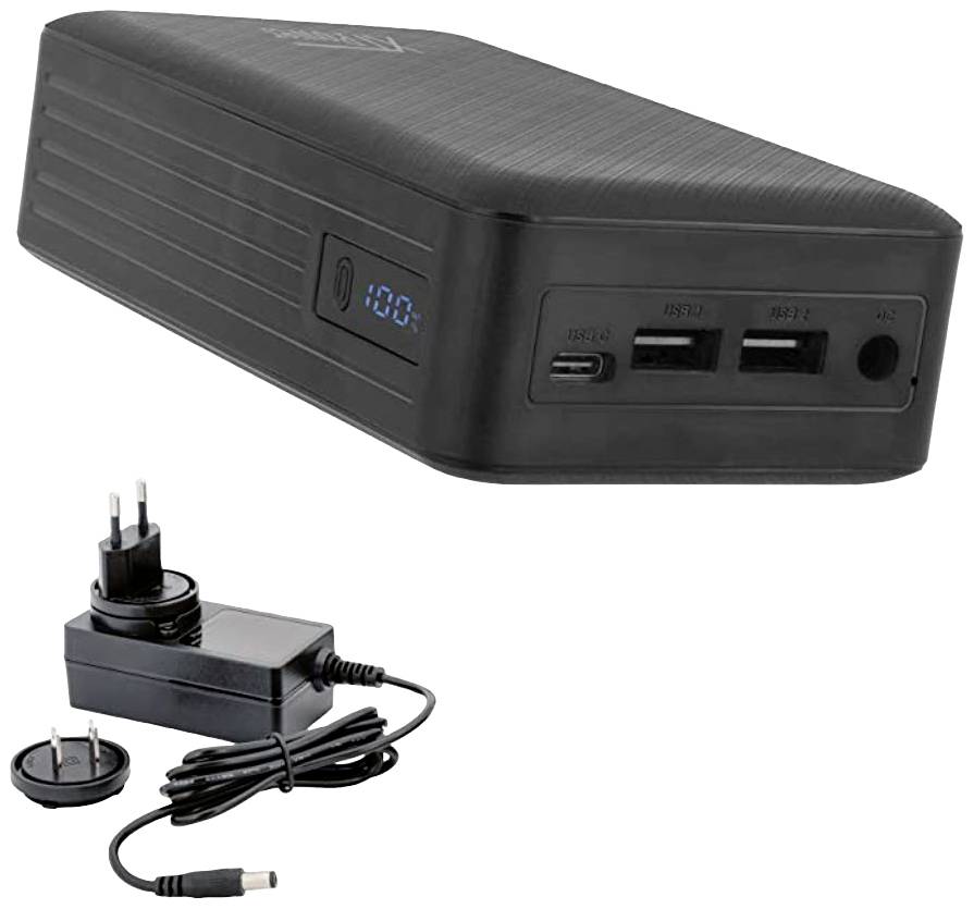 Stor, svart extern powerbank med digitalskärm som visar '100'. Två USB-portar, en USB-C-port. Inkluderar matchande laddare.