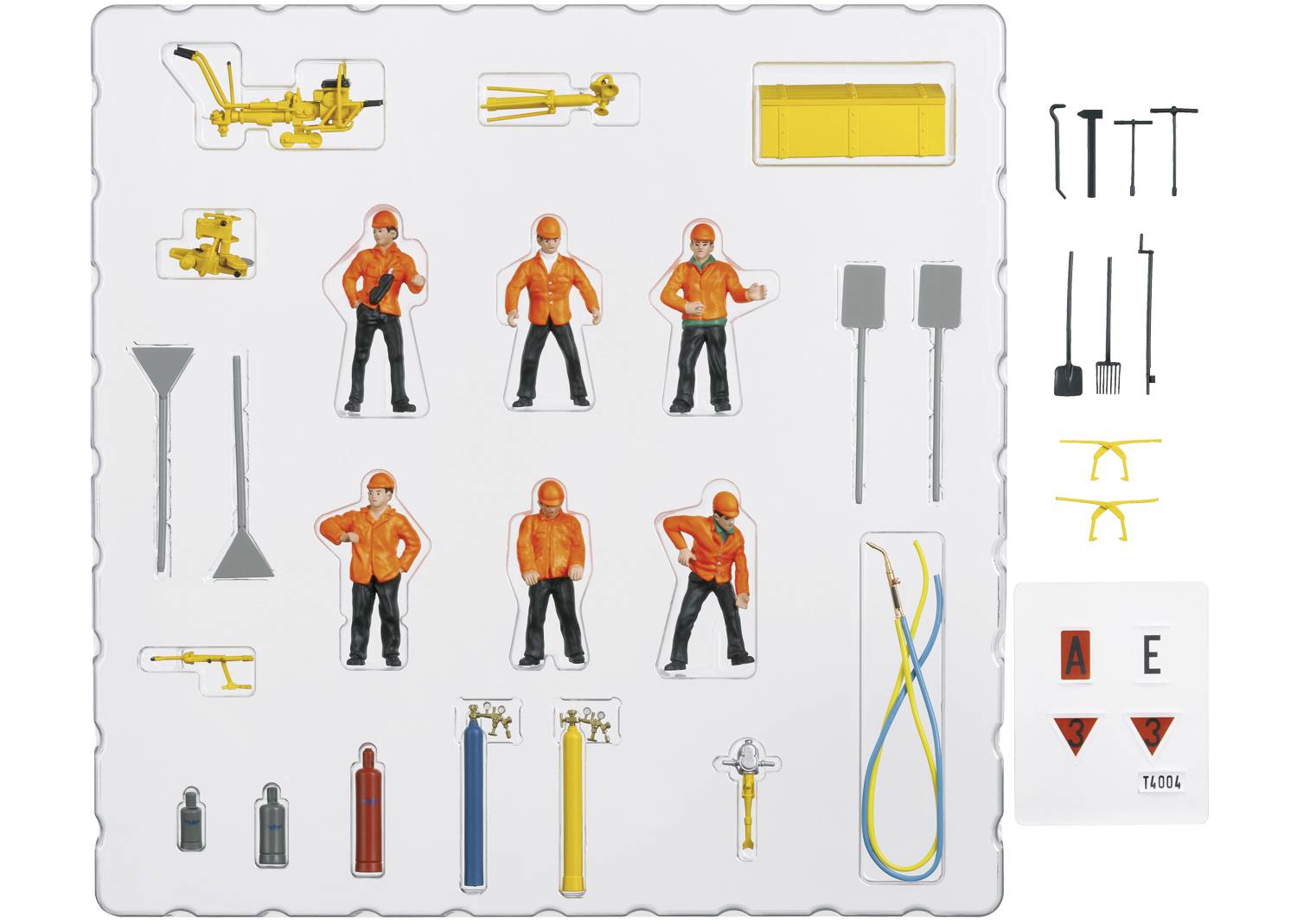 Avbildning av modellbyggnadsverktyg och -figurer. Inkluderar olika hantverksfigurer, spadar, rör och avspärrningar.