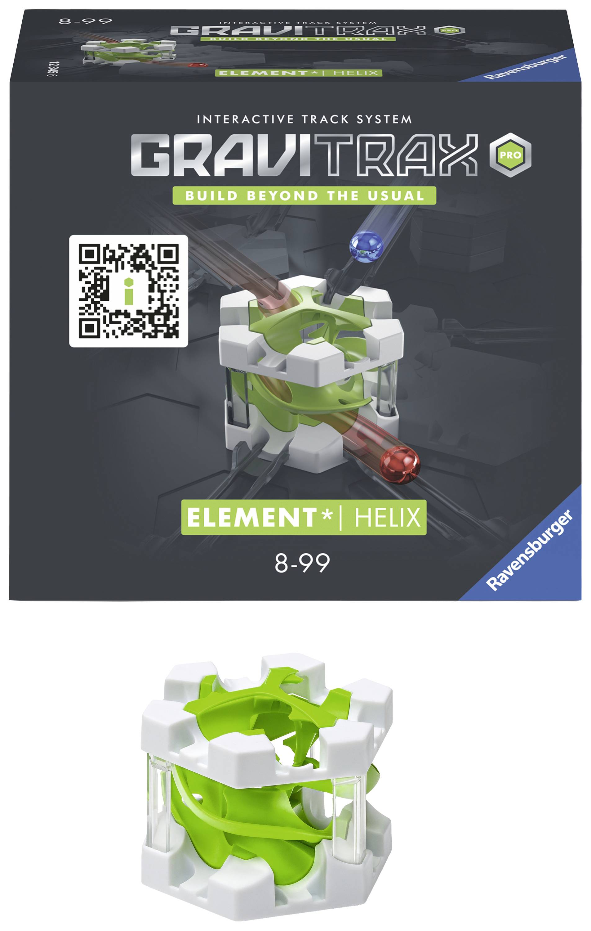 Förpackning till ett GraviTrax 'Element Helix' set från Ravensburger, med åldersangivelse 8-99 och avbildning av den gröna speldelen.