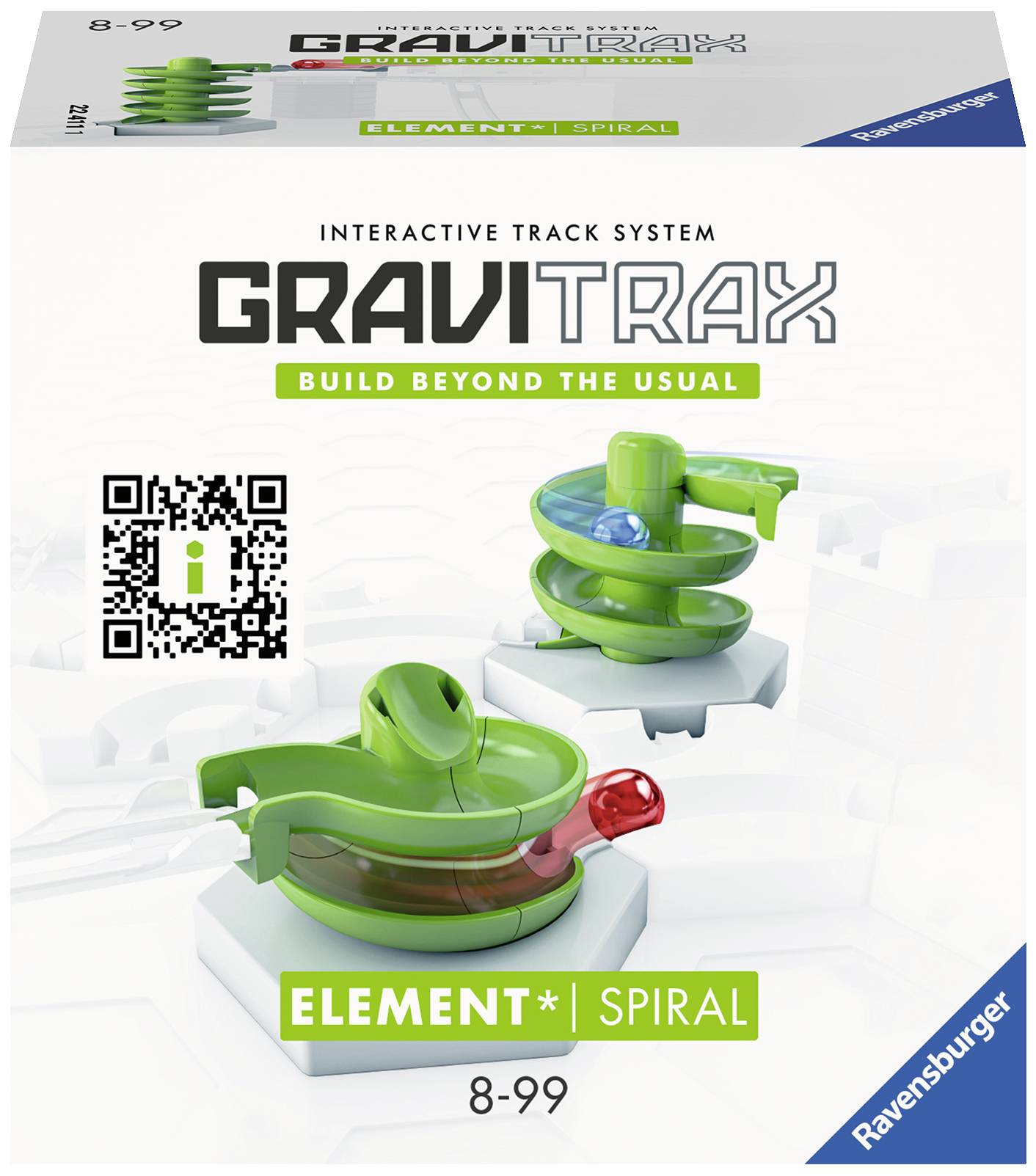 Förpackning till 'GraviTrax Element Spiral', ett interaktivt kulbanssystem för barn från 8-99 år. Innehåller QR-kod.