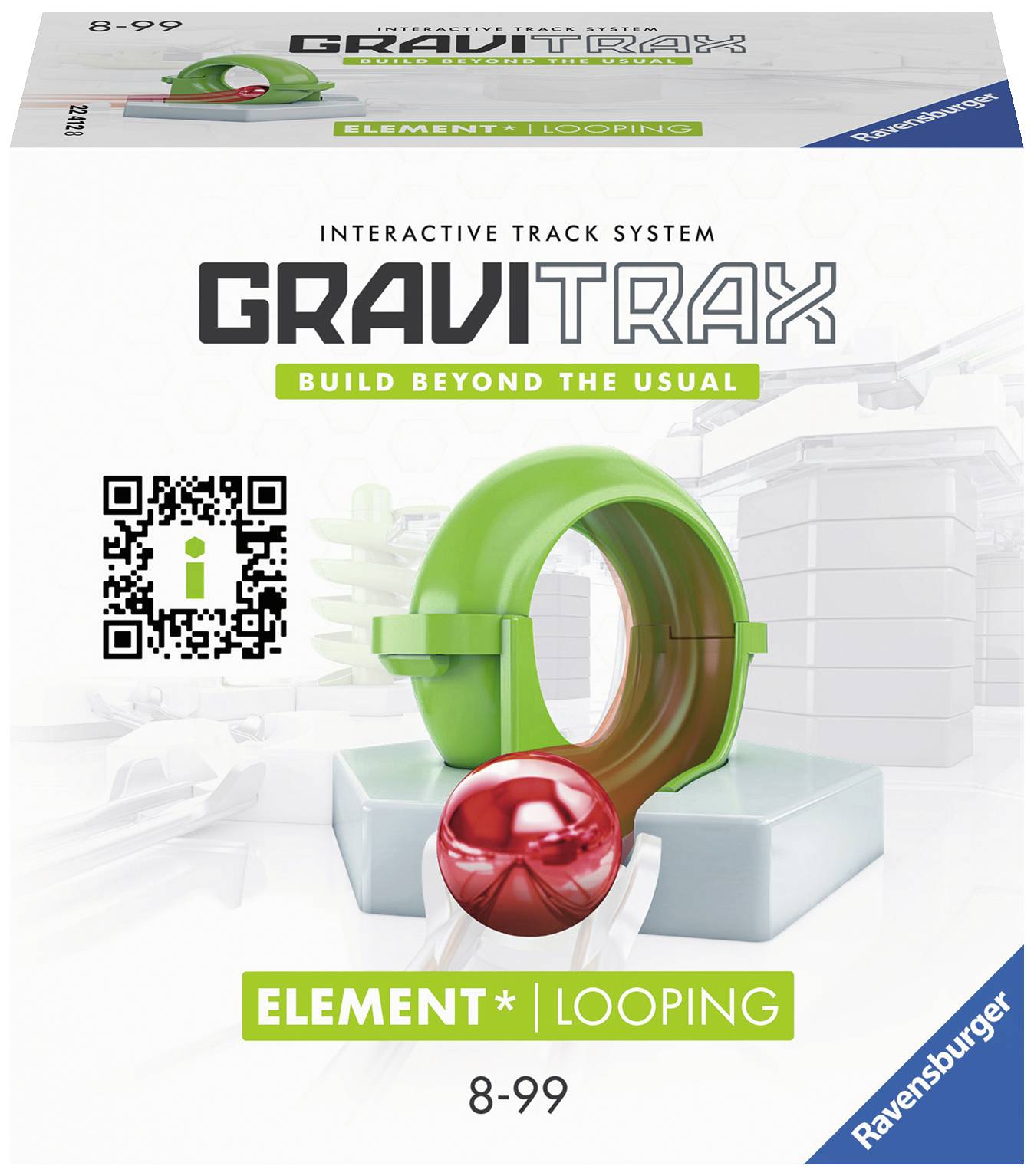 Förpackning till 'GraviTrax Looping', ett interaktivt banspelsystem för barn från 8-99 år, med QR-kod.