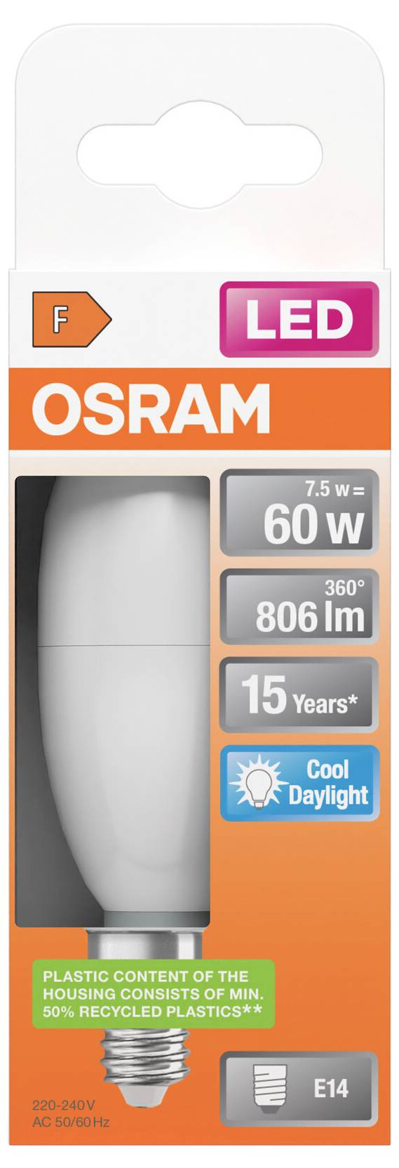 OSRAM LED-lampa förpackning som visar en 7,5W lampa motsvarande 60W, 806 lm, 15 år, kallvit dagsljus, E14-sockel.