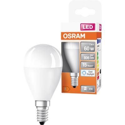 OSRAM LED-lampa med E14-sockel visad bredvid sin orange-och-vit detaljhandelslåda, märkt 7 W, 60 W, 806 lm, 15 år, Cool Daylight.