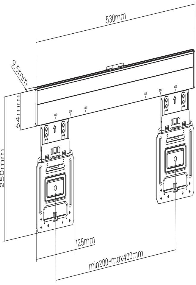 Teknisk ritning av en väggfäste med två fästanordningar, dimensioner: Total bredd 530 mm, minsta bredd 200 mm, maximal bredd 400 mm.