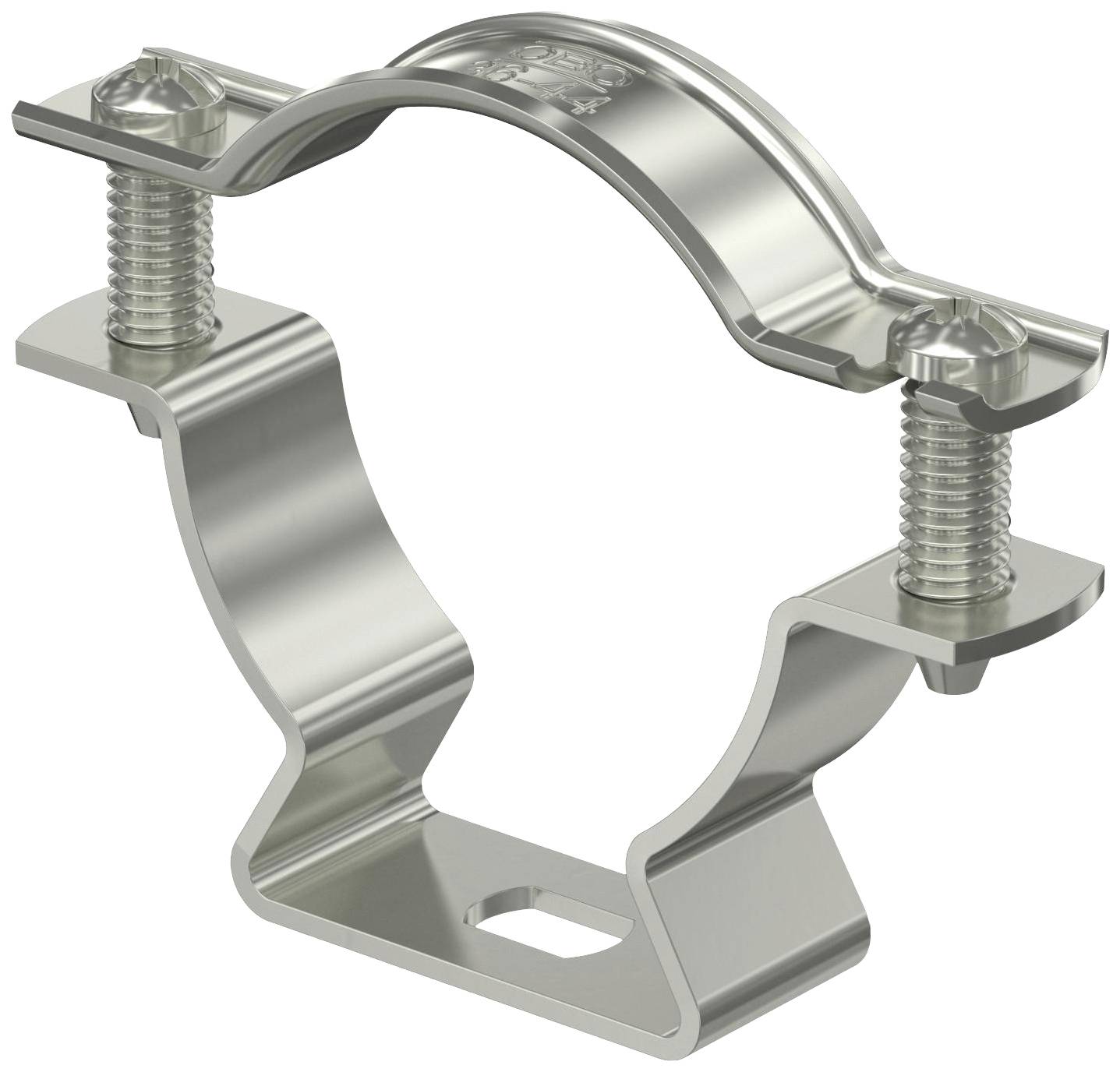 En silverfärgad metallklämma med två skruvar, avsedd för stabilisering av rör eller ledningar. Håller fast genom klämmning.