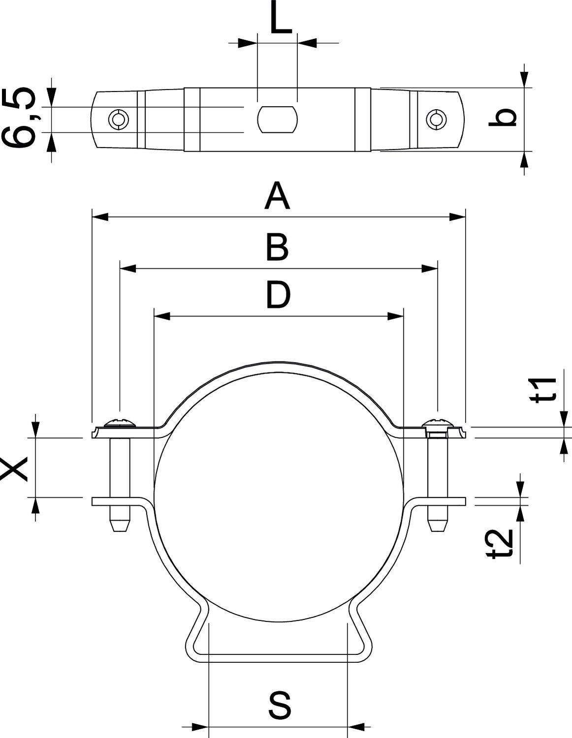 Teknisk ritning av ett rörhållare med dimensionsangivelser: Längd L, bredd b, diameter D, bredd A och S, tjocklek t1 och t2, höjd X.