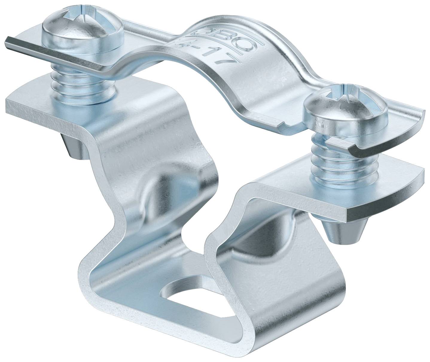 Metallklämma med två skruvar, perfekt för att fästa kablar eller rör. Genomtänkt design för säker fastsättning.
