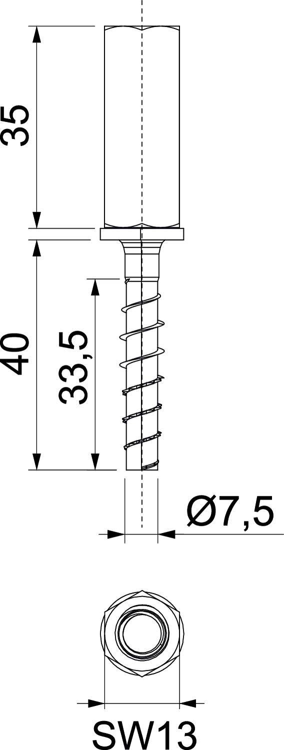 Teknisk ritning av en bult med mått: Total längd 75 mm, gängning 33,5 mm, diameter 7,5 mm, sexkant SW 13 mm.