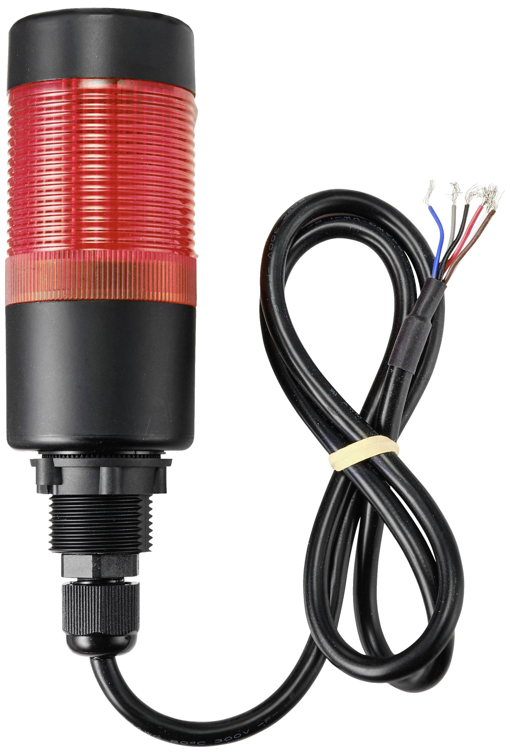 Rundumlampa med rött ljus och svart kabel med öppna ändar, lämplig för varnings- eller signalfunktioner i industriella tillämpningar.