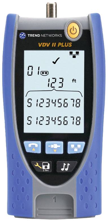 En digital kabeltestaparatur med en display som visar 'VDV II Plus' och mätvärden i fot. Den har flera manöverknappar.