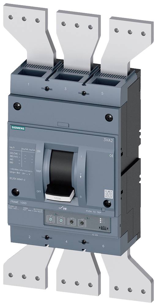 En grå elektrisk effektbrytare från Siemens med tre anslutningsklämmor ovanpå och nedanför, avsedd för industriella tillämpningar.
