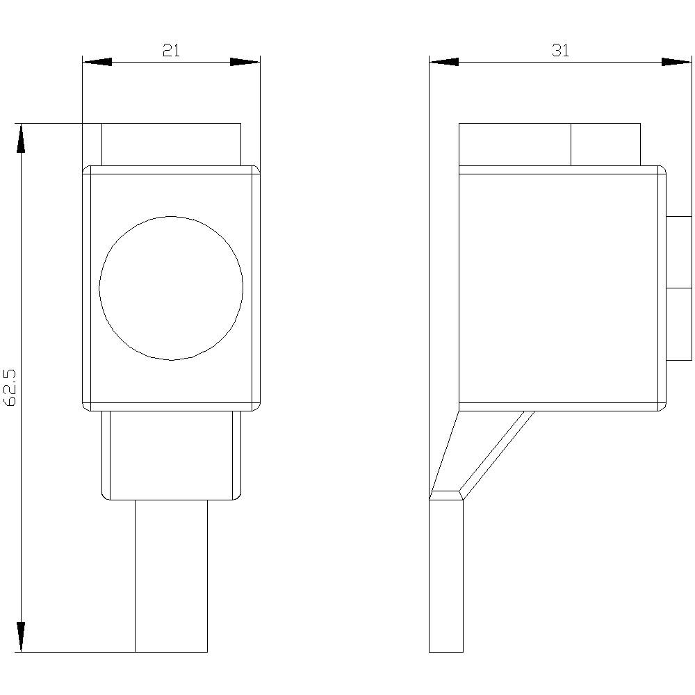Teknisk ritning av en rektangulär komponent med kabel. Mått: Höjd 62,5 mm, bredd 21 mm, djup 31 mm. Sidovy och frontvy.