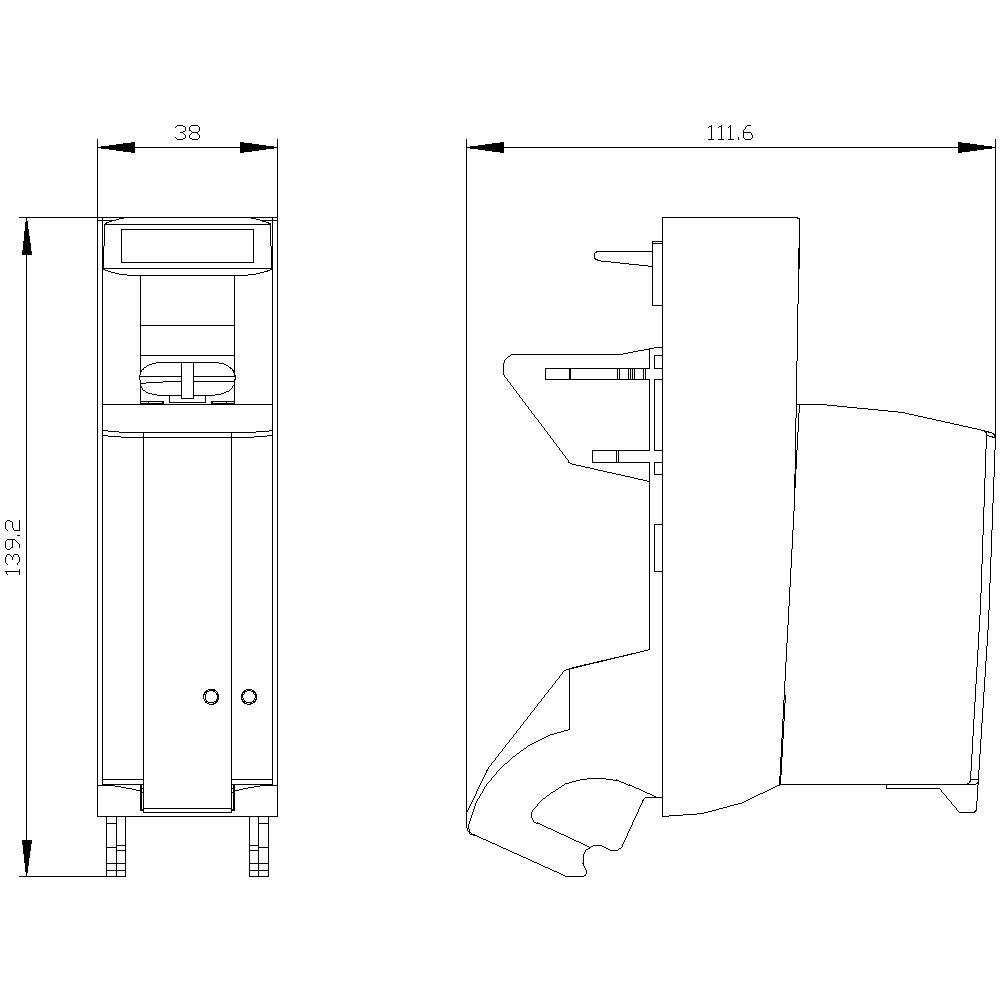 Teknisk ritning av en slank enhet med dimensioner: höjd 1392 mm, bredd 38 mm, djup 111,6 mm. Front- och sidovy.