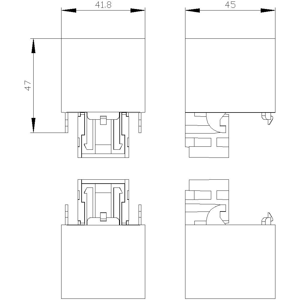 Diagram över tekniska ritningar av ett rektangulärt objekt med dimensioner: bredd 41,8, höjd 47 och längd 45.