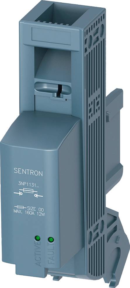 Grå-blå elektronisk enhet med ventilationsöppningar och märkning 'Sentron'. Visar statuslampor för aktivitet och fel.