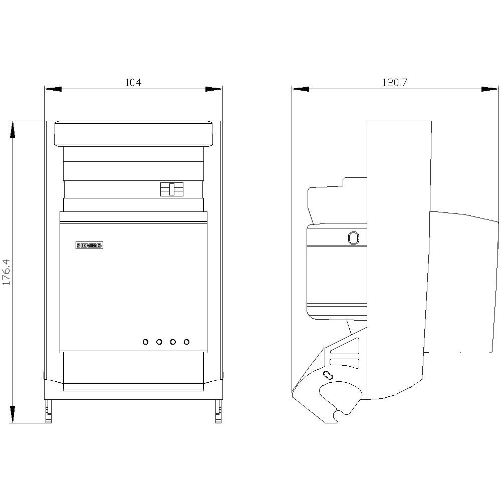 Teknisk ritning av en rektangulär enhet med dimensioner: bredd 104 cm, höjd 176,4 cm, djup 120,7 cm. Fram- och sidovy visad.