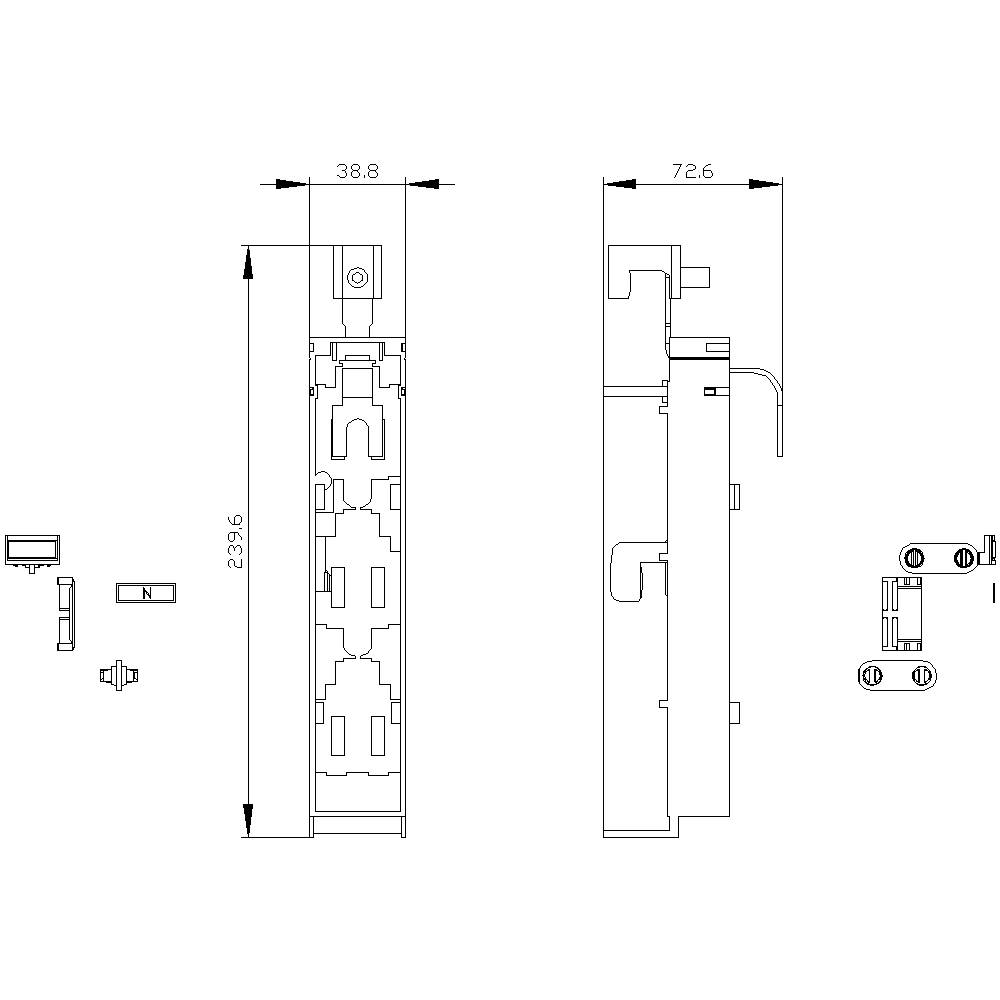 Teckning av en elektroteknisk komponent med dimensioner: höjd 293,6 mm, bredd 38,8 mm, djup 72,6 mm. Visar fram- och sidovy.