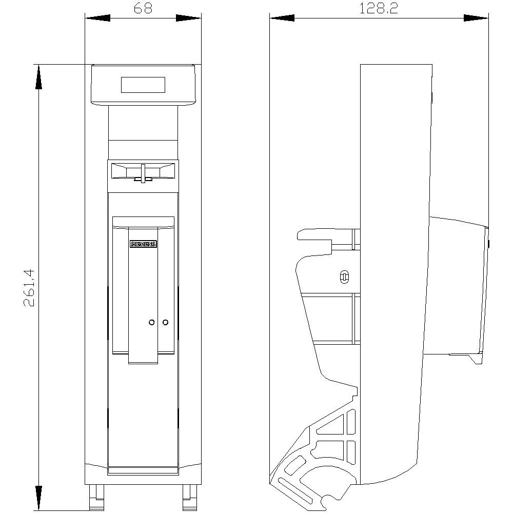 Teknisk teckning av en apparat med front- och sidovy. Mått: höjd 261,4 mm, bredd 68 mm, djup 128,2 mm.