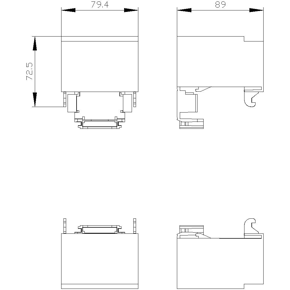 Teknisk teckning av ett rektangulärt element med dimensioner: bredd 79,4 mm och 89 mm, höjd 72,5 mm, detaljer från olika vinklar.