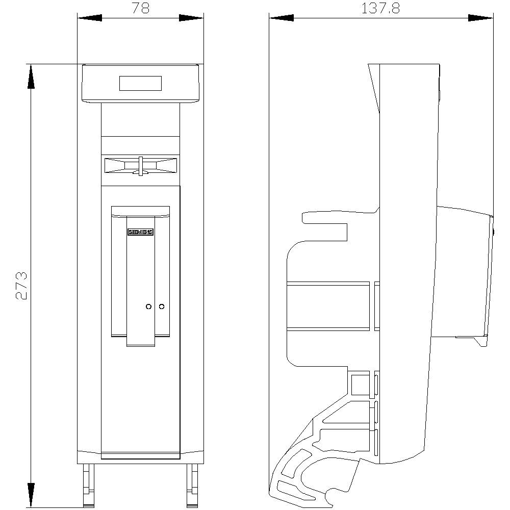 Teknisk ritning av en elektrisk effektbrytare. Visar fram- och sidovy med mått: höjd 273 mm, bredd 78 mm, djup 137,8 mm.